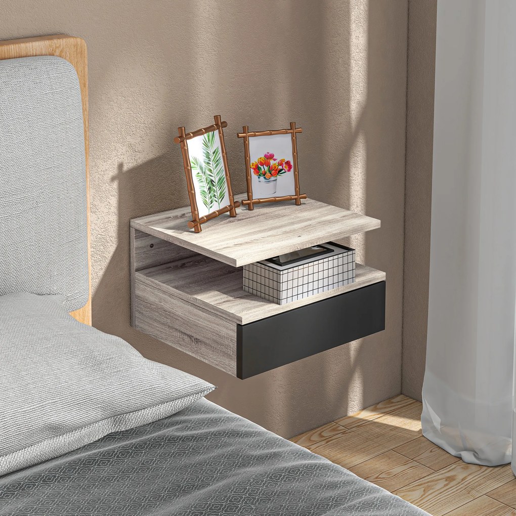 HOMCOM Set 2 Noptiere Suspendate pentru Dormitor, Design Modern cu Sertar și Raft, din Lemn, 35x32x22.5cm, Stejar și Negru | Aosom Romania