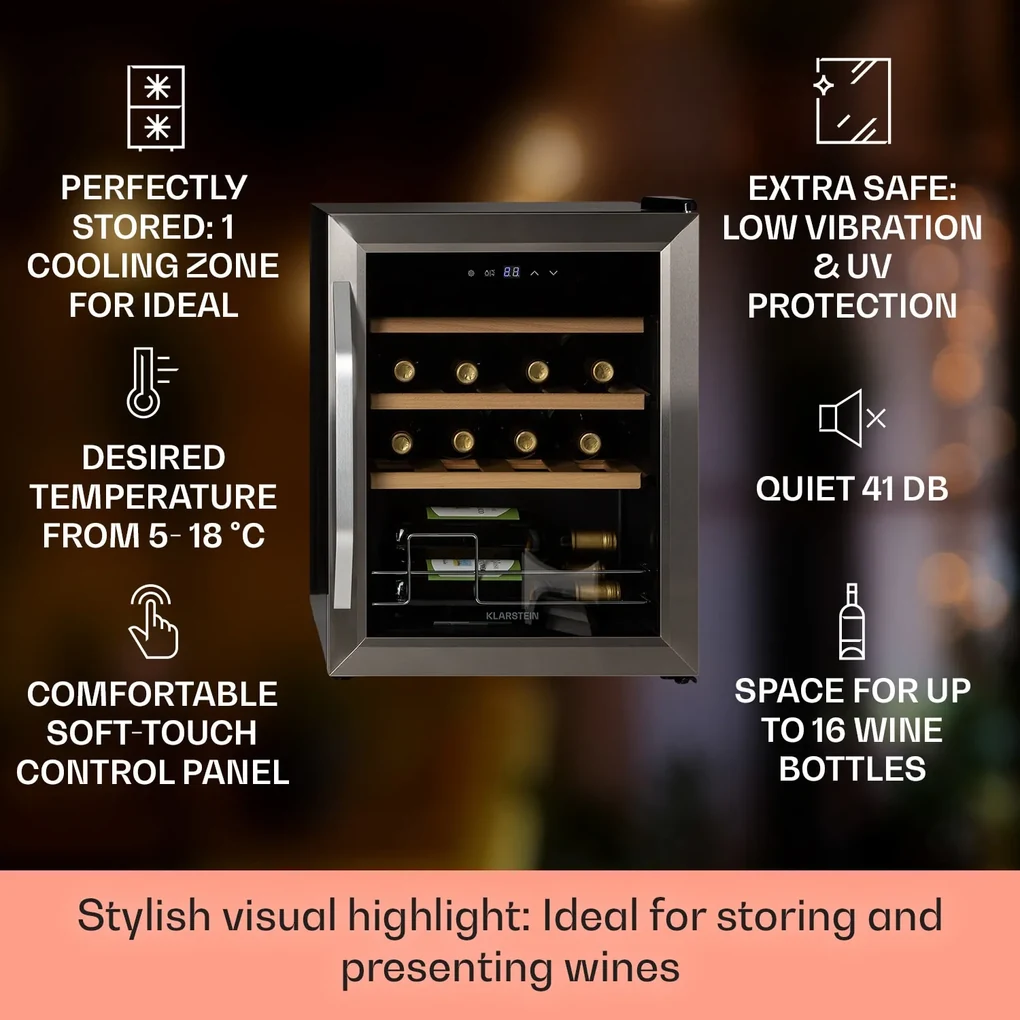 Vinamour 16 Uno, Frigider pentru vin, 16 sticle /42l, 5-18°C, 41 dB, sticlă