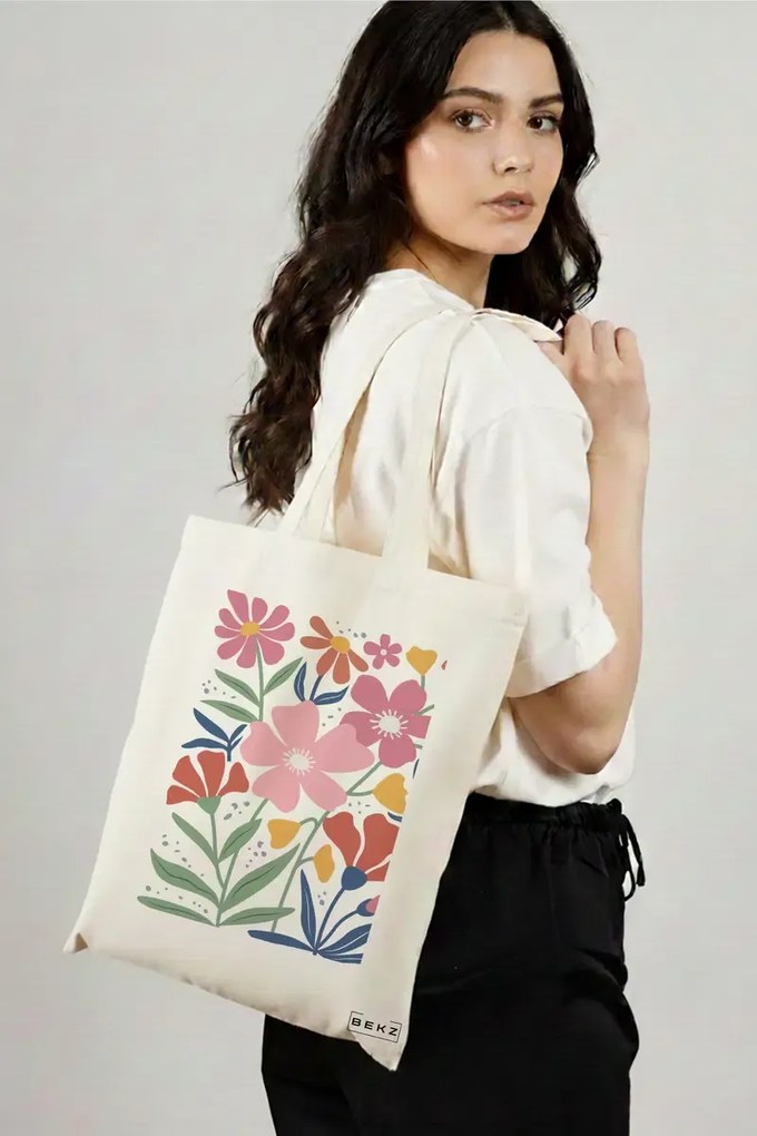 Sacosa de Panza pentru Cumparaturi, Geanta Tote Boho Style 16, 38x34.5 cm, Alba, BEKZ®