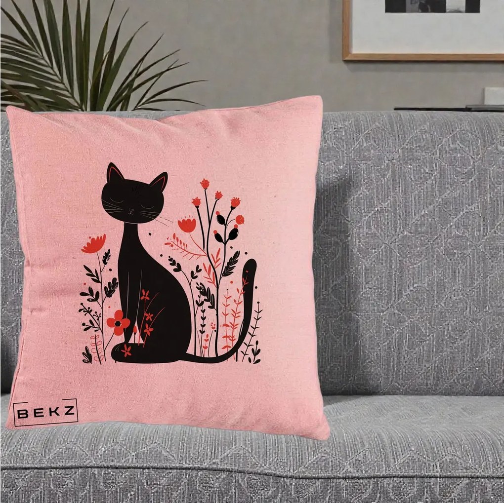 Perna Decorativa Pisica Neagra Flori Rosii Folk Minimal, 40x40 cm, Roz, Husa Detasabila, Perna Inclusa, BEKZ®
