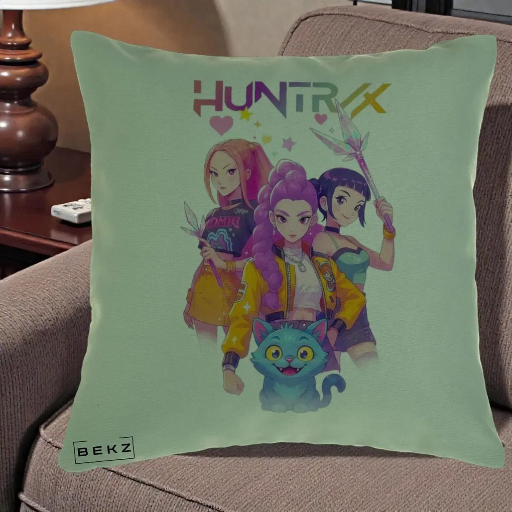 Perna Personalizata K-pop HUNTRX Trio Foto cu Pisica, 40x40 cm, Verde, Husa Detasabila, Perna Inclusa, BEKZ®