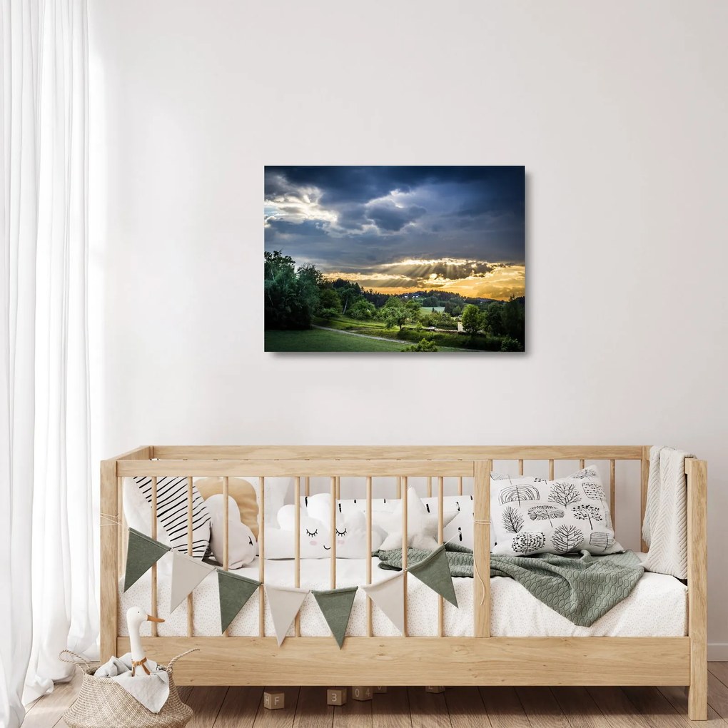 Tablou pe sticlă cu peisaj și raze de soare (70x50 cm)