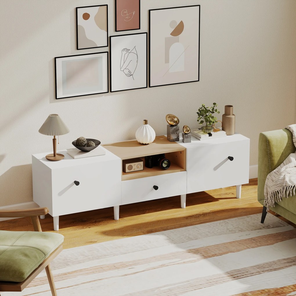 HOMCOM Mobilier TV, Suport TV până la 70" cu 2 Uși Rabatabile, Balamale Soft Close, Sertar, Raft Deschis, 8 Picioare pentru Sufragerie, Dormitor, 150x35x45 cm, Alb și Culoare Lemn | Aosom Romania