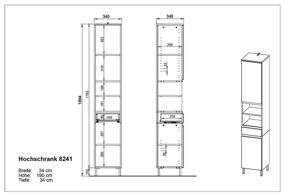 Dulap de baie înalt de culoare gri închis în decor de stejar 34x190 cm Salinas - Germania