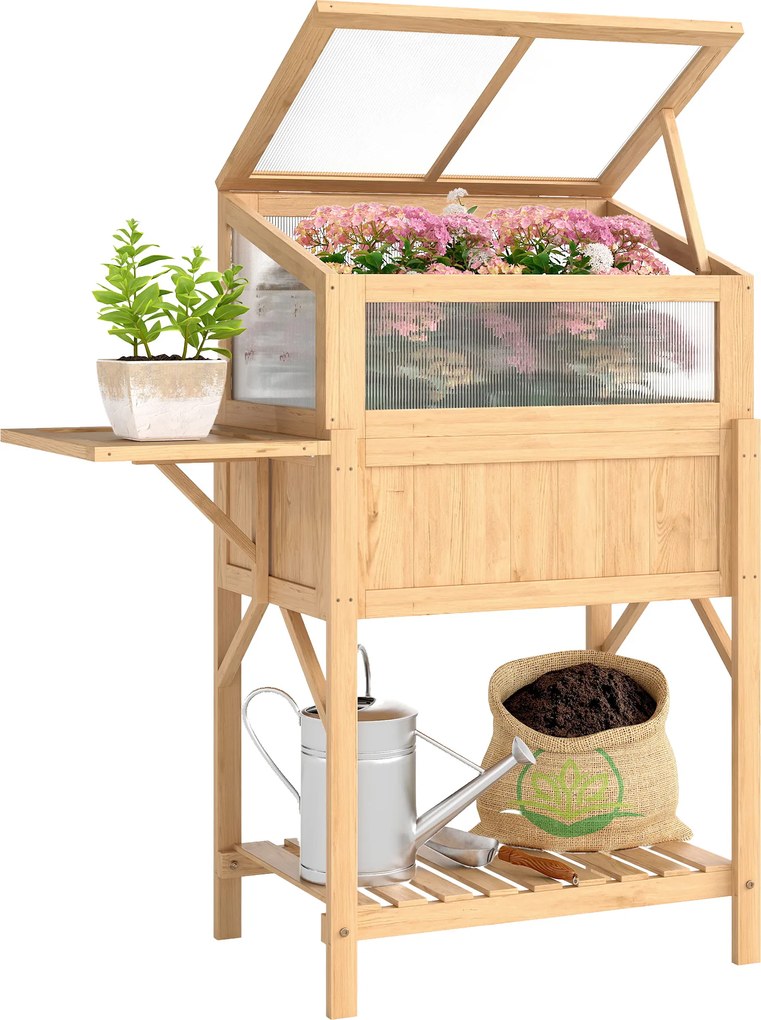 Outsunny Pat înălțat cu capotă pentru mini-seră din lemn jardinieră cu seră pliabilă masă laterală raft lemn natural | Aosom Romania