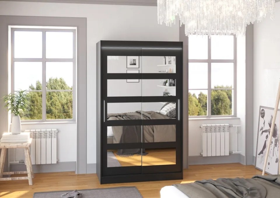 Dulap cu usi glisante si oglinda + iluminare LED, Salem 120 + LED, 120 cmx200 cmx58 cm, ADRK Furniture (Culoare: Negru)