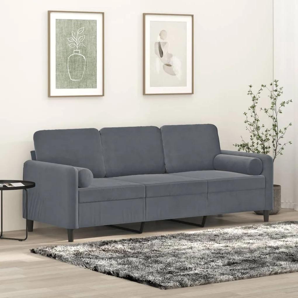 Canapea cu 3 locuri cu pernute, gri inchis, 180 cm, catifea
