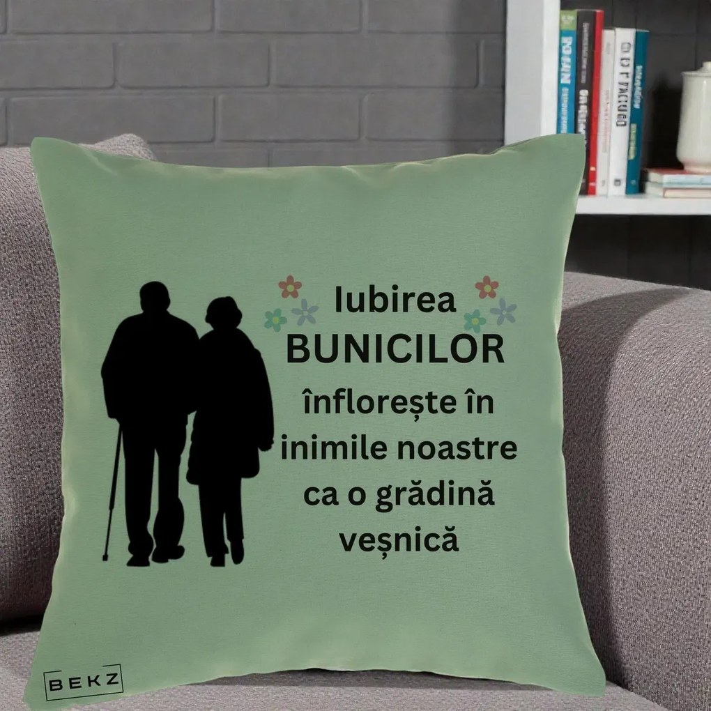 Cadou pentru Bunici - Perna Personalizata Bunicii Iubirea Infloreste Silueta Neagra Flori, 40x40 cm, Verde, Husa Detasabila, Perna Inclusa, BEKZ®