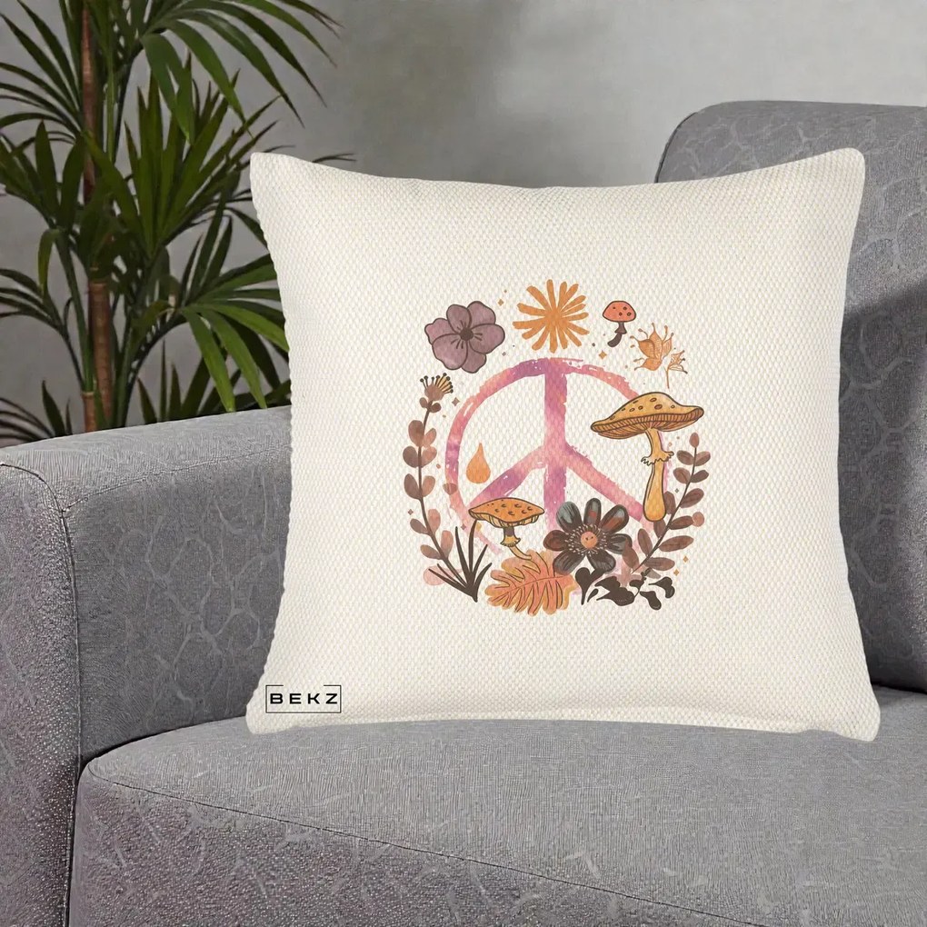 Perna Decorativa Peace Ciuperci Boho, 40x40 cm, Crem Reliefat, Husa Detasabila, Perna Inclusa, BEKZ®