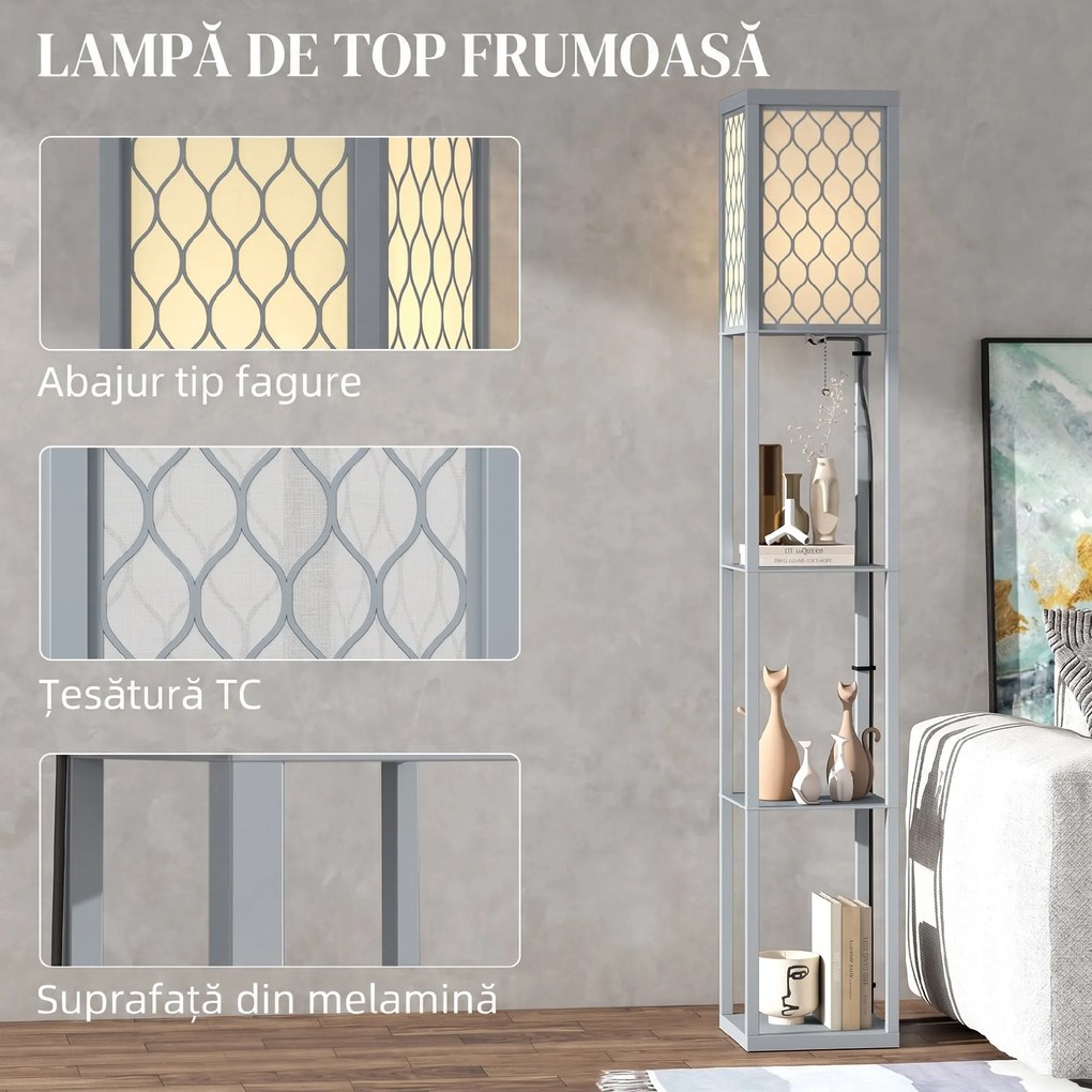 HOMCOM Lampadar Podea 2 în 1, 3 Rafturi, Economisire Spațiu, Soclu E27, 26x26x160 cm, Gri Deschis | Aosom Romania