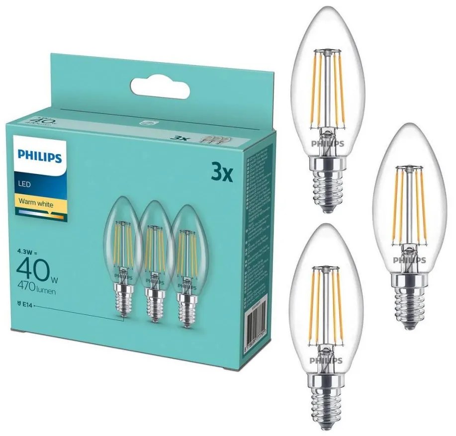 Set de 3 becuri LED vintage Philips B35, E14, 4,3 W, 230 V, 2700 K