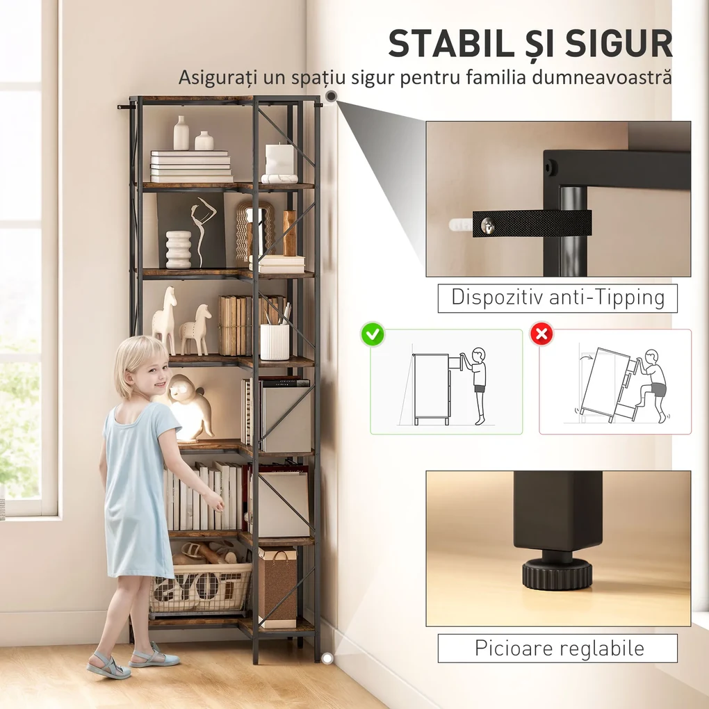 HOMCOM Bibliotecă de colț industrială cu 7 niveluri din pal melaminat și oțel, maro | Aosom Romania