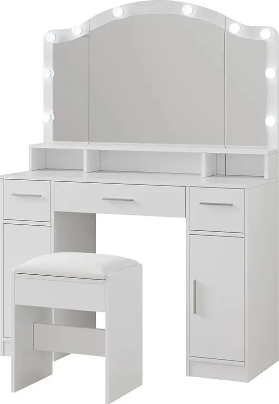 Masuta machiaj cu Oglinda LED si 3 Sertare pentru Cosmetice, Set Masa toaleta 110 cm, Alb, masuta cosmetica, vanity - SEA809