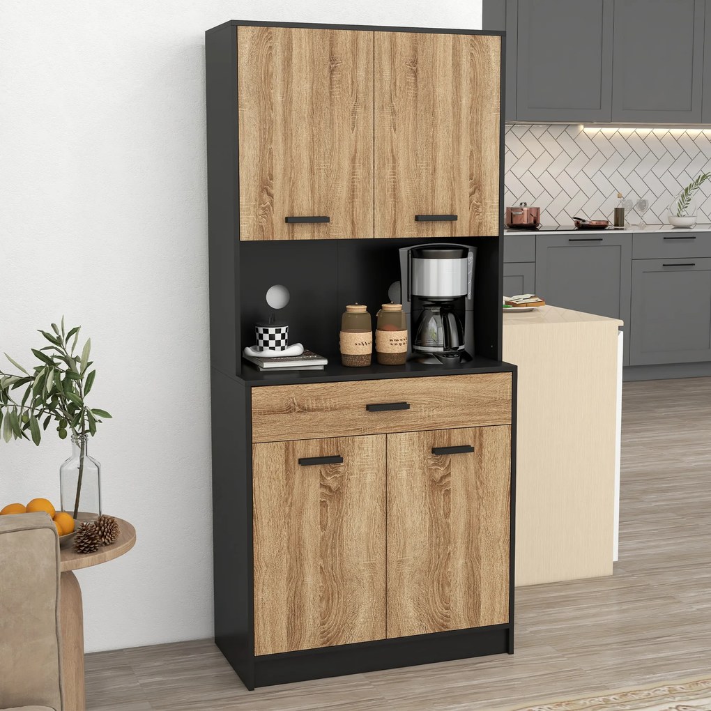 HOMCOM Dulap de bucătărie din lemn cu 2 dulapuri cu 2 uși și sertar, 80x40x180 cm, negru și culoare lemn | Aosom Romania