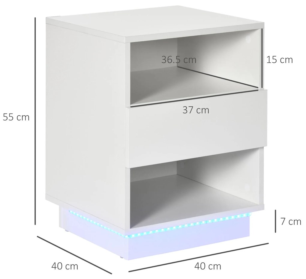 Noptiere moderne cu ED, Set 2 piese din PA alb cu sertar si 2 rafturi deschise, 40x40x55 cm HOMCOM | Aosom Romania