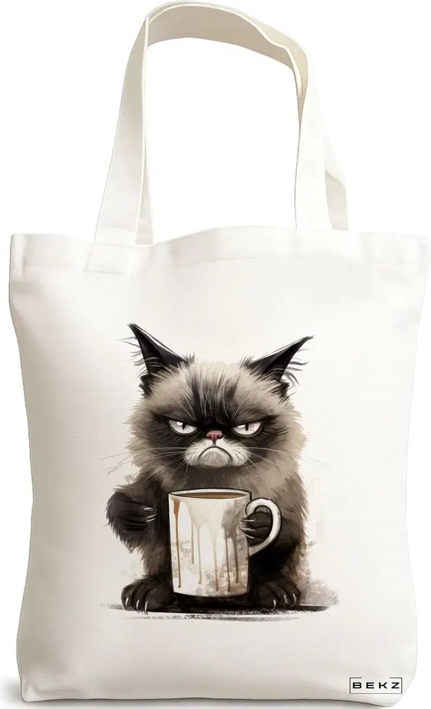 Sacosa de Panza pentru Cumparaturi, Geanta Tote, model Lazy Cat, 38x34.5 cm, Alba, BEKZ®