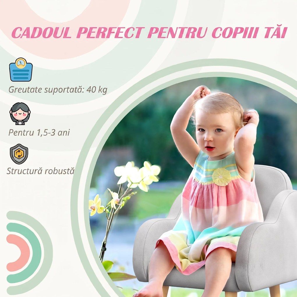 ZONEKIZ Fotoliu pentru Copii în Stil Scandinav cu Cotiere, Fotoliu din Material Textil pentru Copii până la 3 ani, 46x51x55 cm, Gri | Aosom Romania