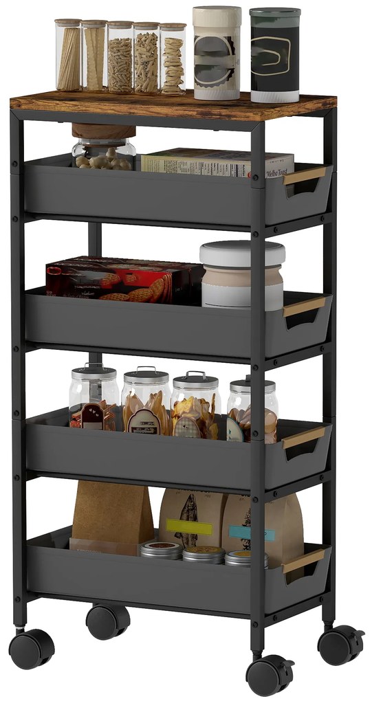 HOMCOM Carucior de Bucătărie de 5 Nivele Carucior Auxiliar cu Roți Tablou Efect Lemn Sertare Extrase 39,5x24x82 cm Negru | Aosom Romania