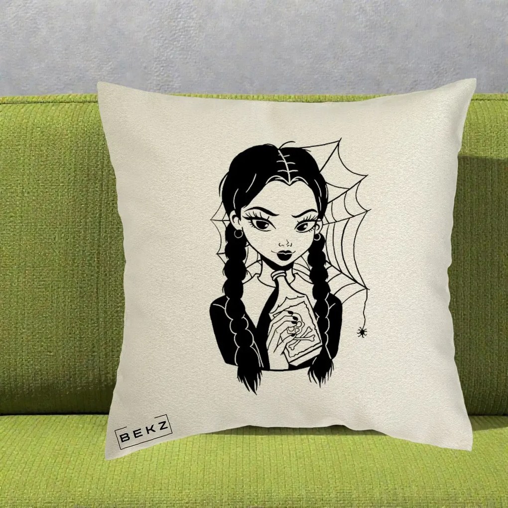 Perna Personalizata Wednesday cu Panza de Paianjen, 40x40 cm, Ecru, Husa Detasabila, Perna Inclusa, BEKZ®