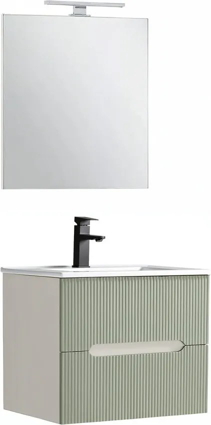 Trent mobilier de baie 60 cm lavoar ceramic (2 sertare) cu oglindă 60x80 cm alb-verde