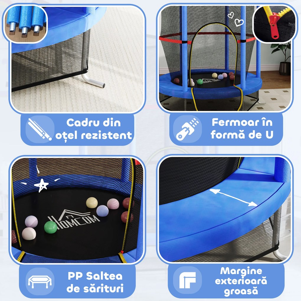 HOMCOM Saltea Elastică pentru Copii 3-6 Ani cu Plasă de Protecție, 6 Stâlpi și 3 Intrări, Ø140x190 cm, Albastru | Aosom Romania