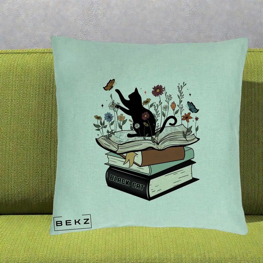 Perna Personalizata Pisica Neagra Carti Flori Fluturi, 40x40 cm, Verde Menta, Husa Detasabila, Perna Inclusa, BEKZ®