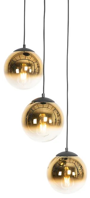 Lampă suspendată Art Deco neagră cu sticlă aurie rotundă cu 3 lumini - Pallon