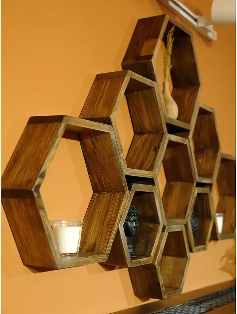 Set 9 rafturi perete Hexa Homs,Seia A620,lemn natur,30325