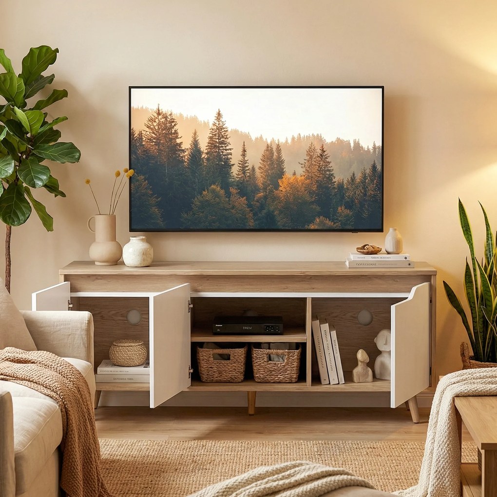 HOMCOM Suport TV, Mobilier TV pentru Televizoare de până la 55", cu 3 Compartimente și Raft Reglabil, Mobilier pentru Living cu 5 Picioare din Lemn, Stejar și Alb | Aosom Romania