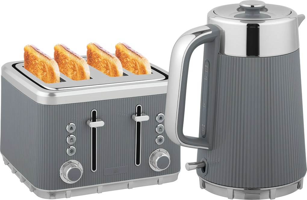 HOMCOM 2200W, fierbător 1,7L cu funcție de fierbere rapidă, filtru anticalcar și toaster cu 4 felii și 7 trepte de rumenire, gri | Aosom Romania
