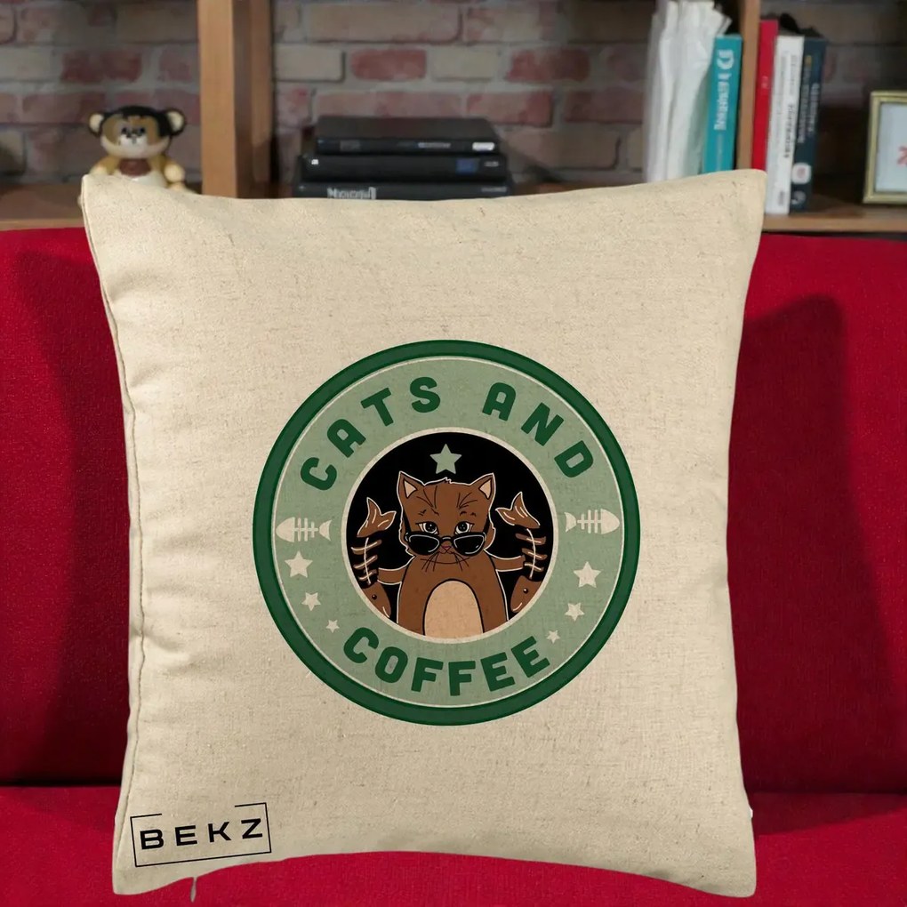 Perna Personalizata Cats and Coffee Starbucks, 40x40 cm, Bej, Husa Detasabila, Perna Inclusa, BEKZ®