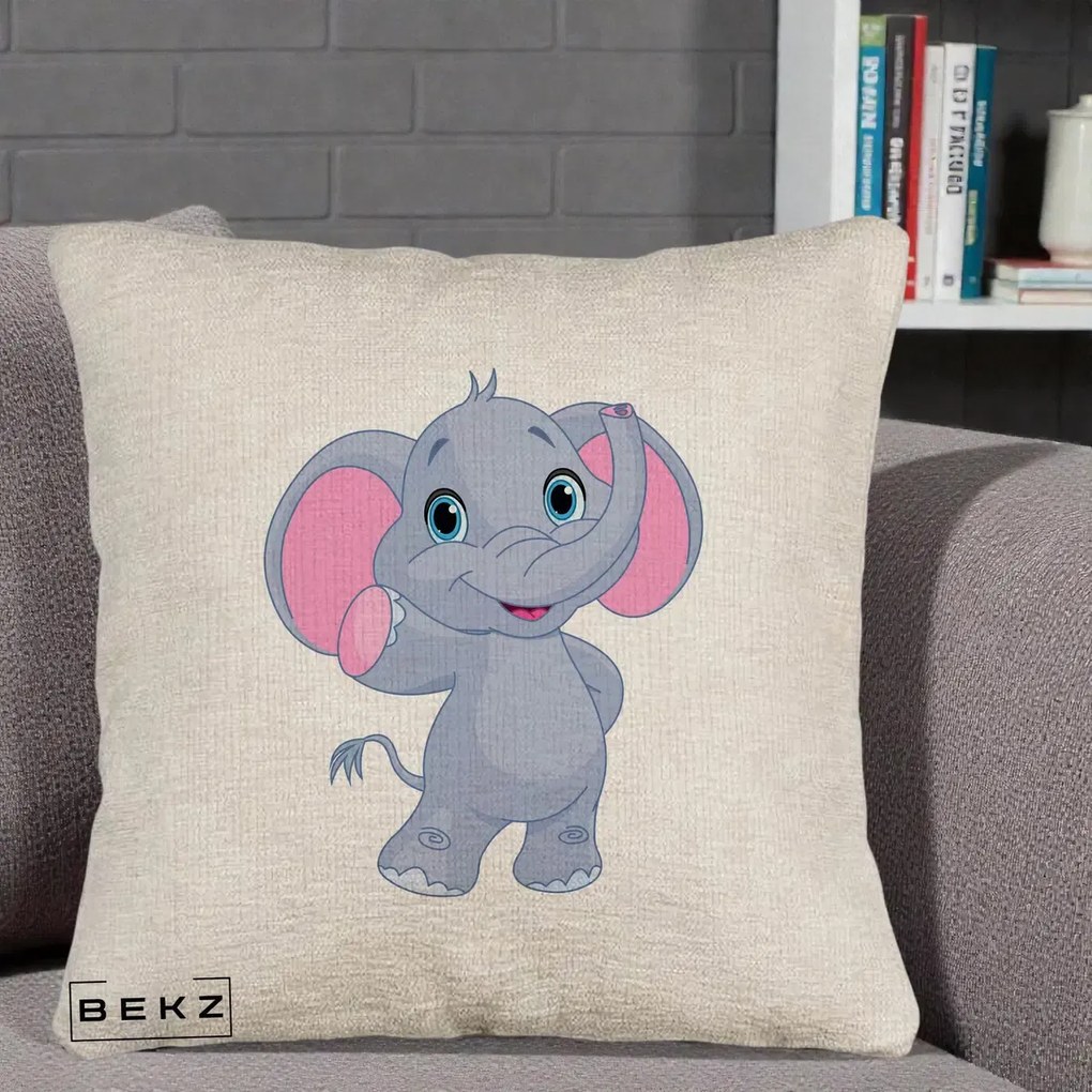 Perna Decorativa Pui de Elefant Kawaii, 40x40 cm, Bej Canapea, Husa Detasabila, Perna Inclusa, BEKZ®