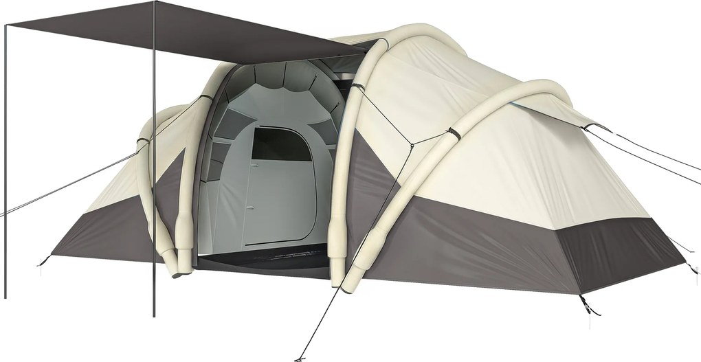 Outsunny Cort Gonflabil Camping 2-4 persoane cu pompă 2 camere și zonă de zi impermeabil 3000 mm 485x245x188 cm gri | Aosom Romania