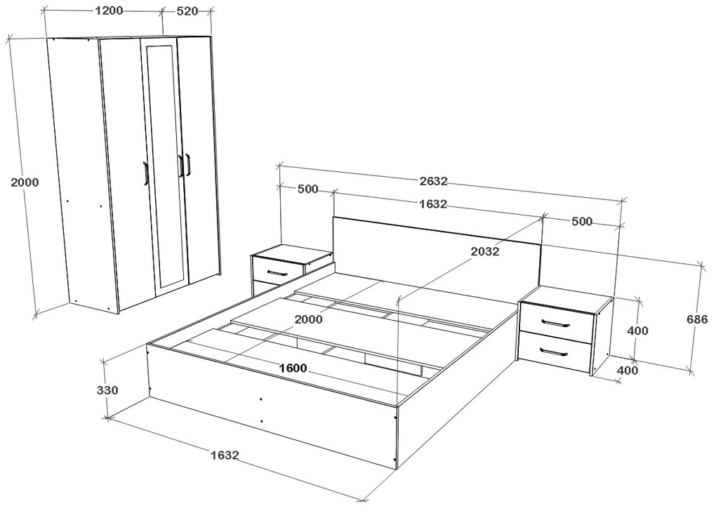 Set dormitor Malmo V3, Pat 200 x 160 cm, Stejar Alb/Antracit