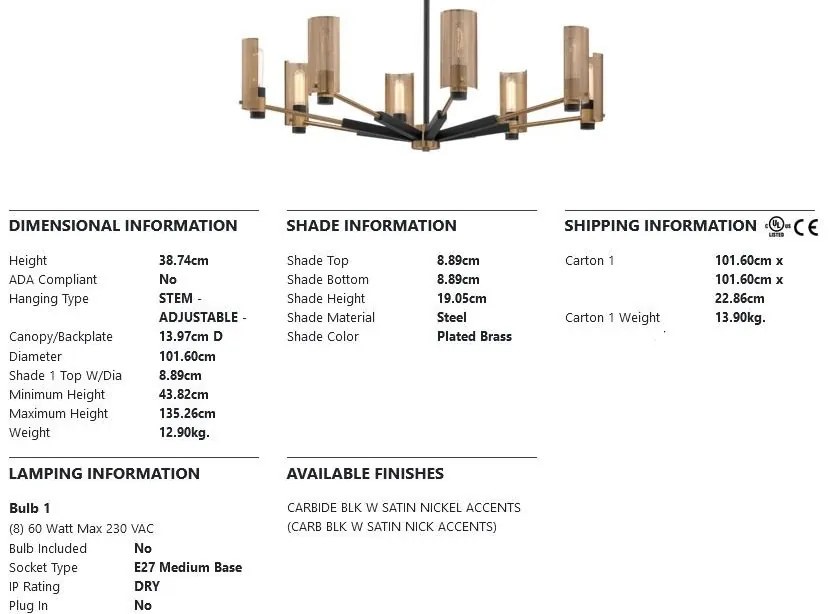 Candelabru design modern PILSEN, negru si nichel satinat, cu 8 surse de lumina
