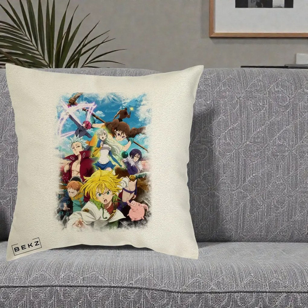 Perna Personalizata Nanatsu no Taizai Cele Sapte Pacate Mortale Anime, 40x40 cm, Ecru, Husa Detasabila, Perna Inclusa, BEKZ®
