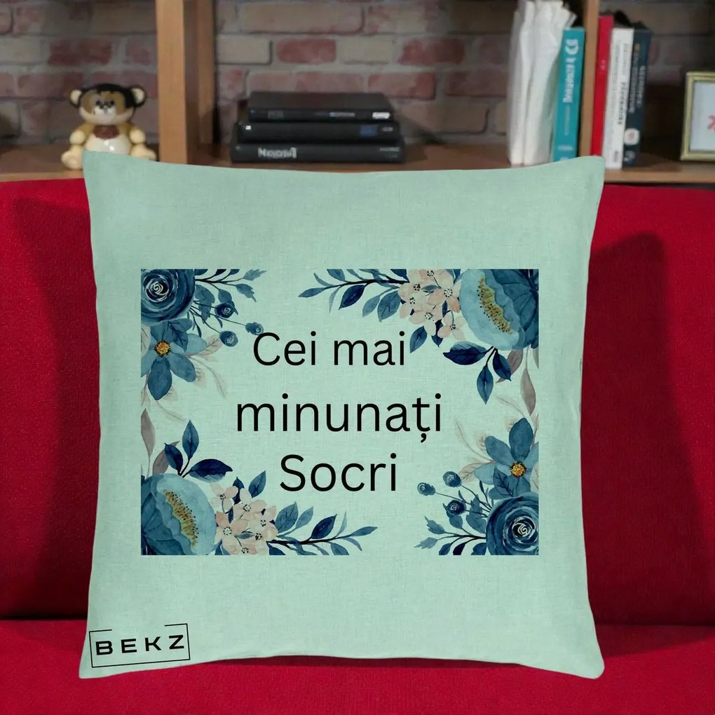 Cadou pentru Socri - Perna Personalizata Cei mai Minunati Socri cu Flori Albastre si Roz, 40x40 cm, Verde Menta, Husa Detasabila, Perna Inclusa, BEKZ®