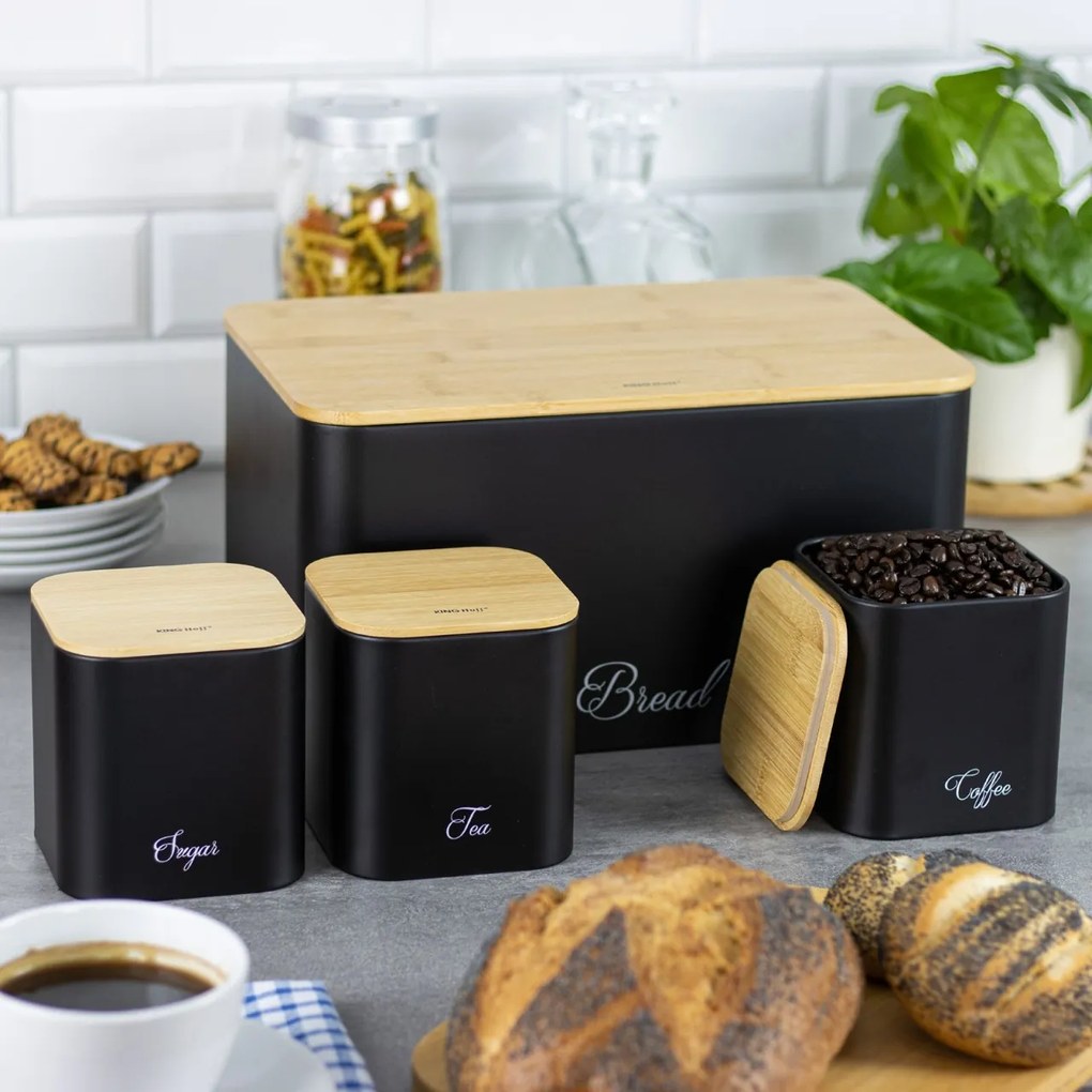 Set cutie de paine neagra cu 3 recipiente, otel, capace din bambus, Kinghoff KH1586