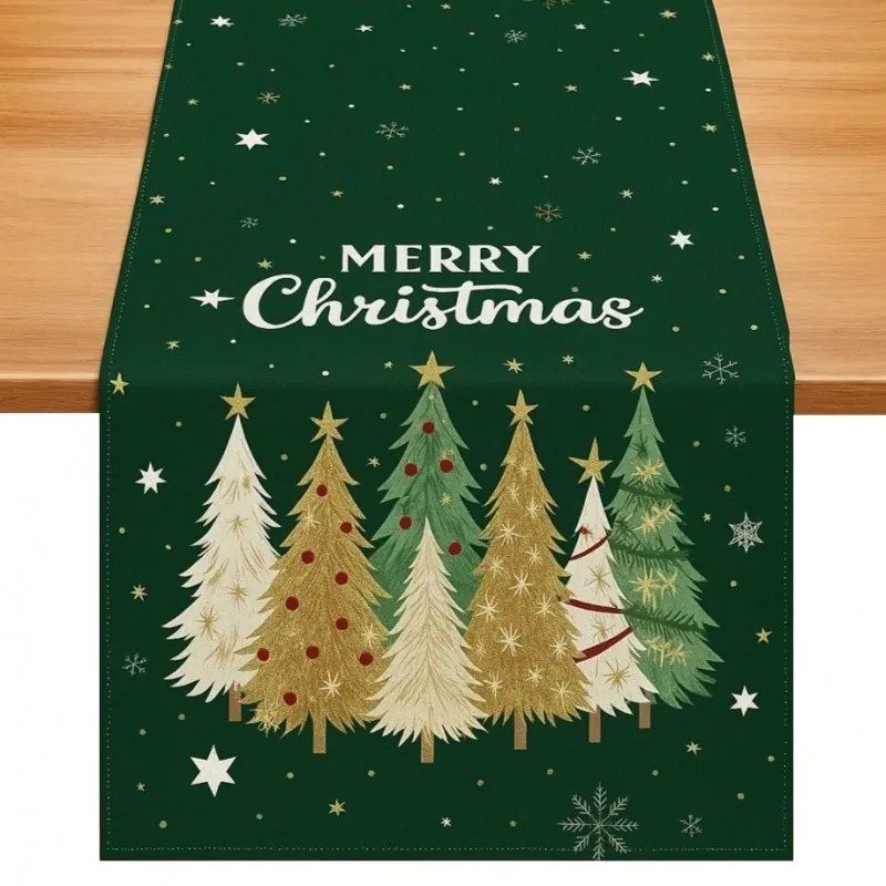 Fata de masa de Craciun din in STARLIT TREES 33x180 cm, verde