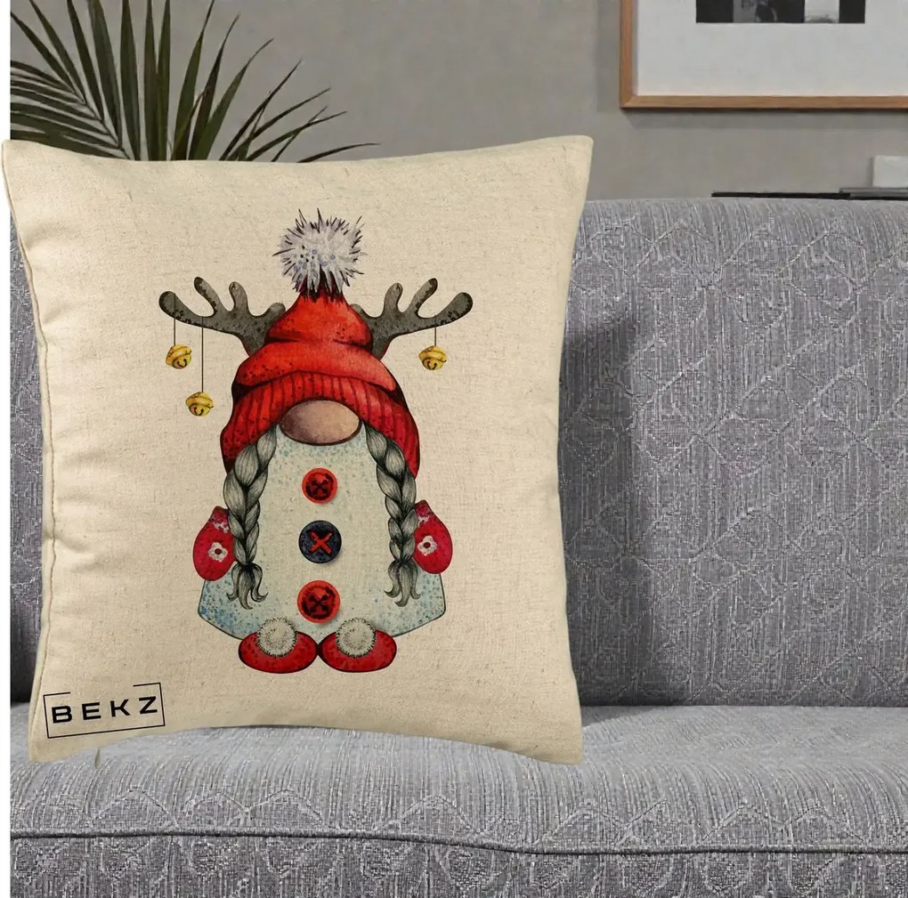 Perna Decorativa Pitic Gnom Craciun cu Coarne de Ren, 40x40 cm, Bej, Husa Detasabila, Perna Inclusa, BEKZ®