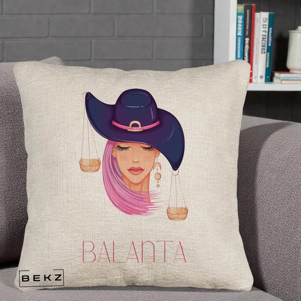 Perna Personalizata Zodiac Balanta Cowgirl, 40x40 cm, Bej Canapea, Husa Detasabila, Perna Inclusa, BEKZ®