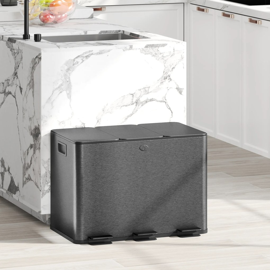 HOMCOM Coș de Gunoi cu 3 Secțiuni de 20L cu Pedală și 2 Capace cu Închidere Silențioasă, Coș de Gunoi din Oțel Inoxidabil și PP, 61.9x36.6x56.7 cm, Negru | Aosom Romania