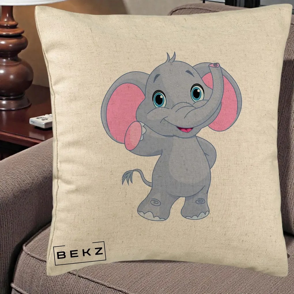 Perna Decorativa Pui de Elefant Kawaii, 40x40 cm, Bej, Husa Detasabila, Perna Inclusa, BEKZ®