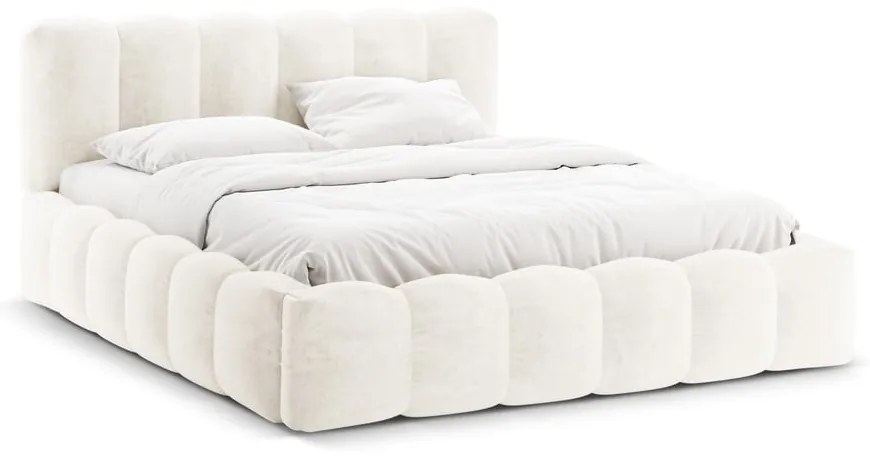 Pat matrimonial crem tapițat cu spațiu de depozitare cu somieră 200x200 cm Lupine – Micadoni