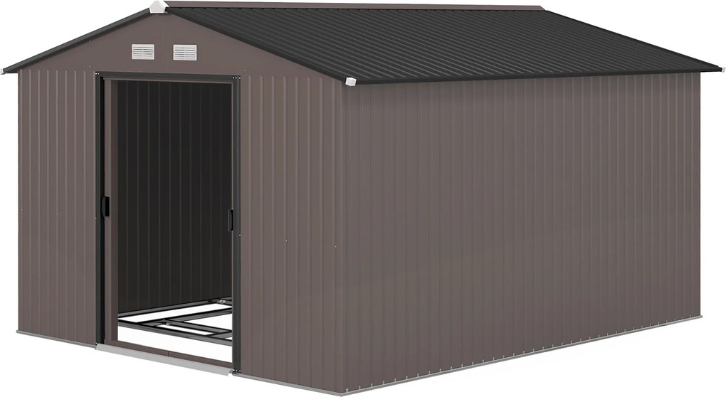 Outsunny Magazie de Grădină 8.3m² din Oțel Zincat, Uși Duble Glisante, 277x322x192 cm, Maro | Aosom Romania