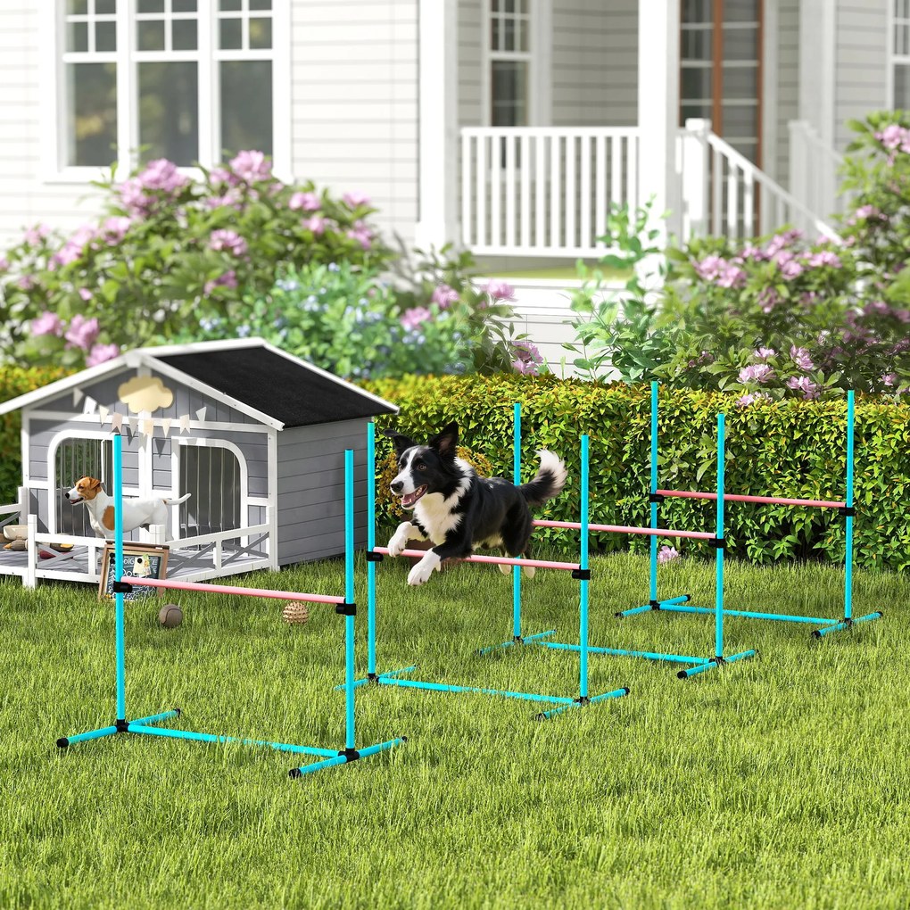 PawHut Set Agility câini 4 piese reglabil pe înălțime, echipament Agility cu 4 obstacole, geantă de transport, 99 x 65 x 94 cm, albastru deschis | Aosom Romania