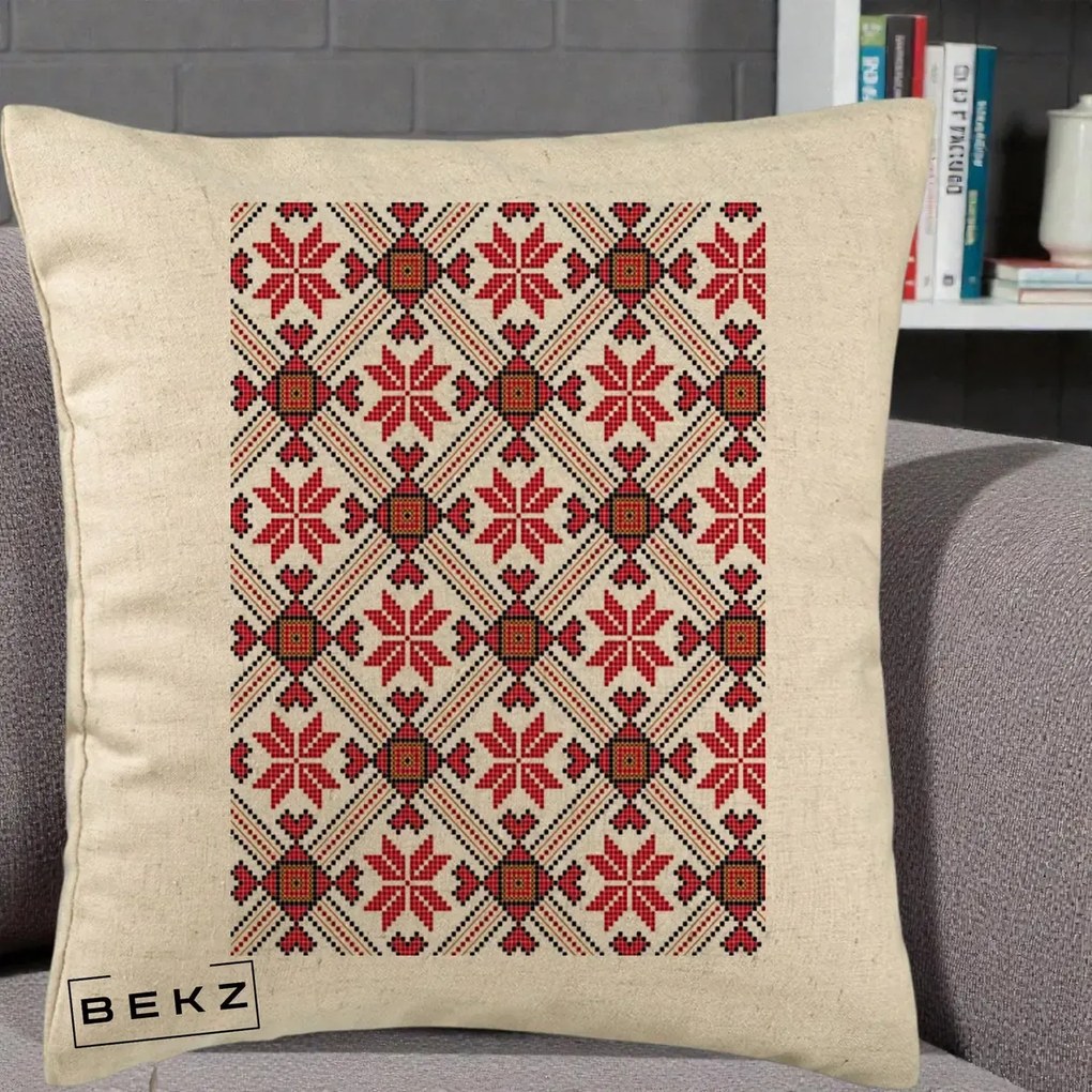 Perna Personalizata Motiv Traditional Ie Romaneasca Rosu, 40x40 cm, Bej, Husa Detasabila, Perna Inclusa, BEKZ®