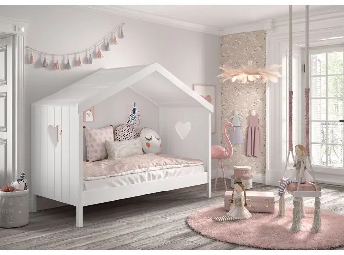 Pat Căsuță AMORI, 90x200 cm, Alb ,Pin Scandinavian și MDF – Vipack
