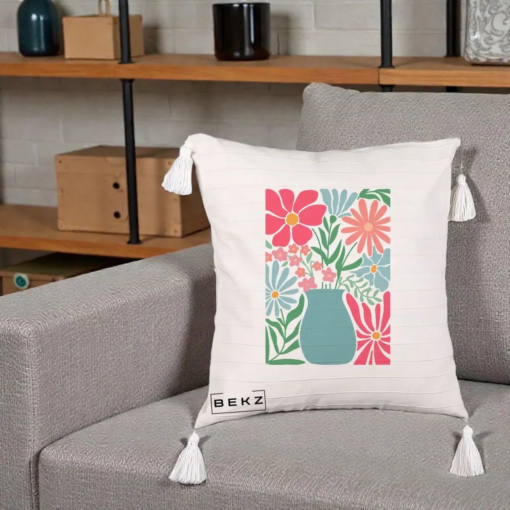 Perna Decorativa Flori in Vaza Turcoaz, 40x40 cm, Bej cu Franjuri, Husa Detasabila, Perna Inclusa, BEKZ®