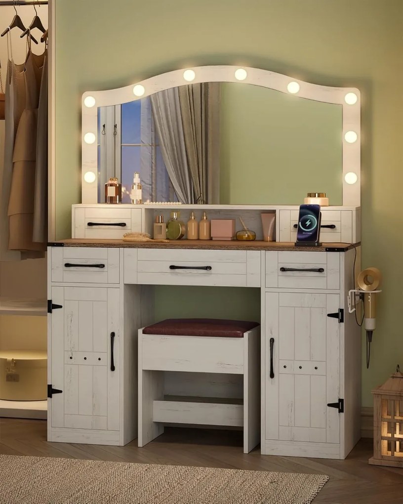 SEA818 - Set Masa toaleta 108 cm, cosmetica machiaj, oglinda cu LED, masuta vanity cu Priza, USB si Suport Uscator par, scaunel tapitat - Alb